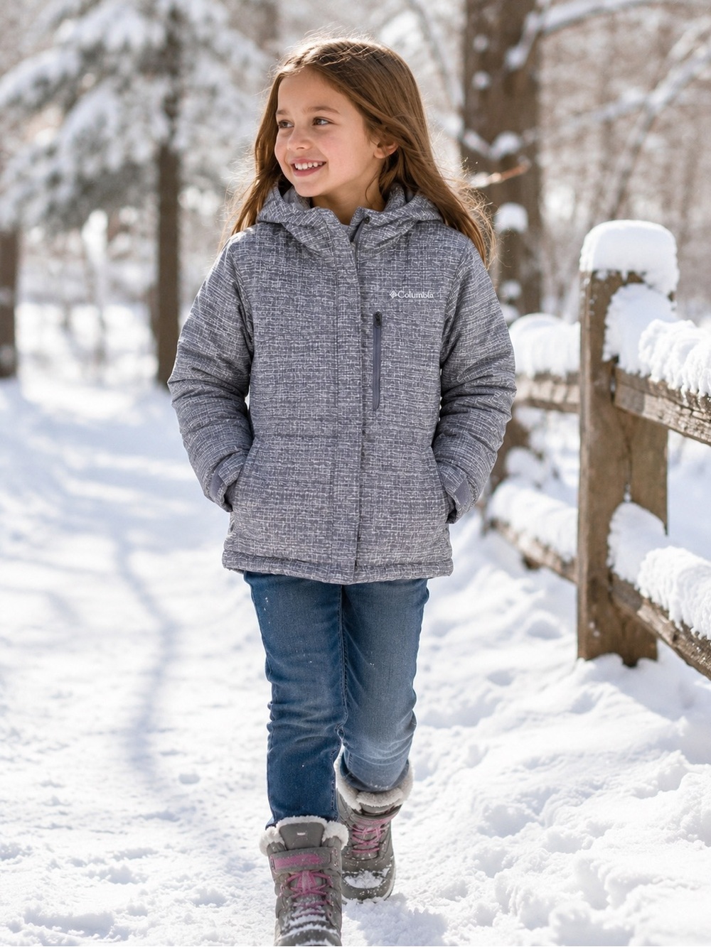 Columbia Girls Winter Jacket XS 6/6X Grey Hooded Insulated Coat